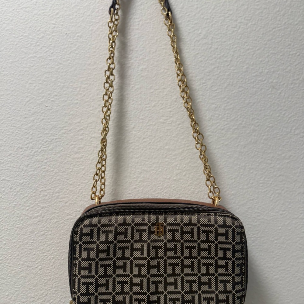Tommy Hilfiger Black and Beige Monogram Crossbody with Gold Chain